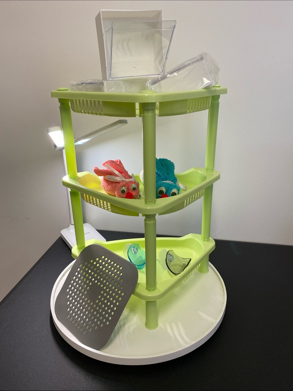 Lot of Bathroom Stuff with 3-Tier Lime Green Corner Shelf Organizer, NWOT